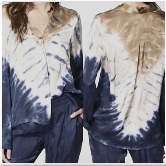 YOUNG FABULOUS & BROKE Womens Small Blue Brown Tie Dye Long Sleeve Button-Up Top - Picture 1 of 11